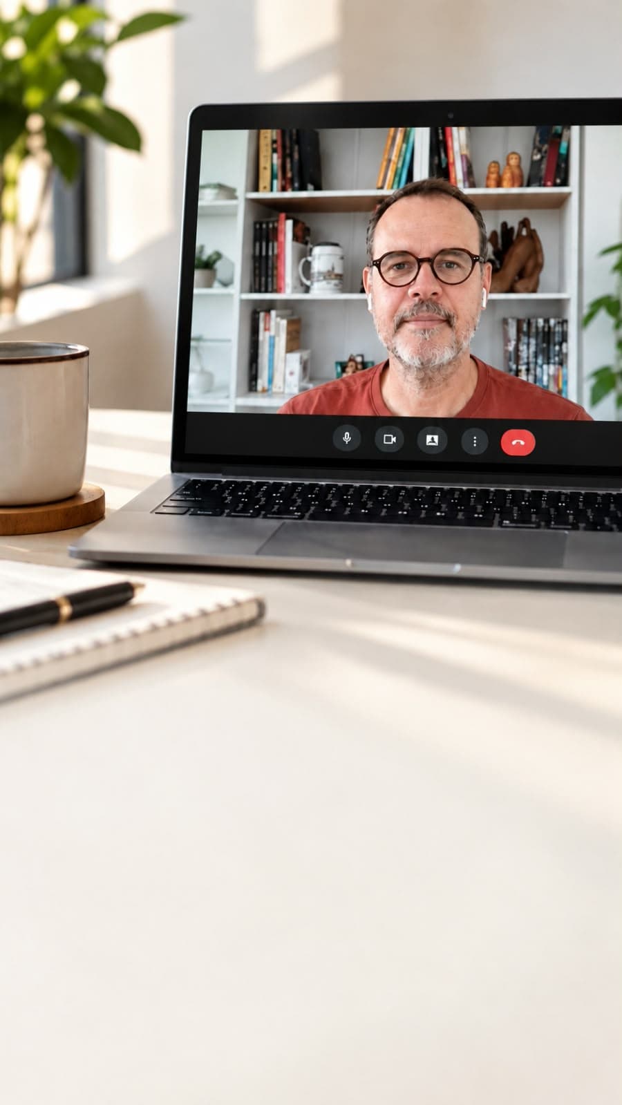 Kleber em uma videochamada, na tela de um notebook em um ambiente reservado